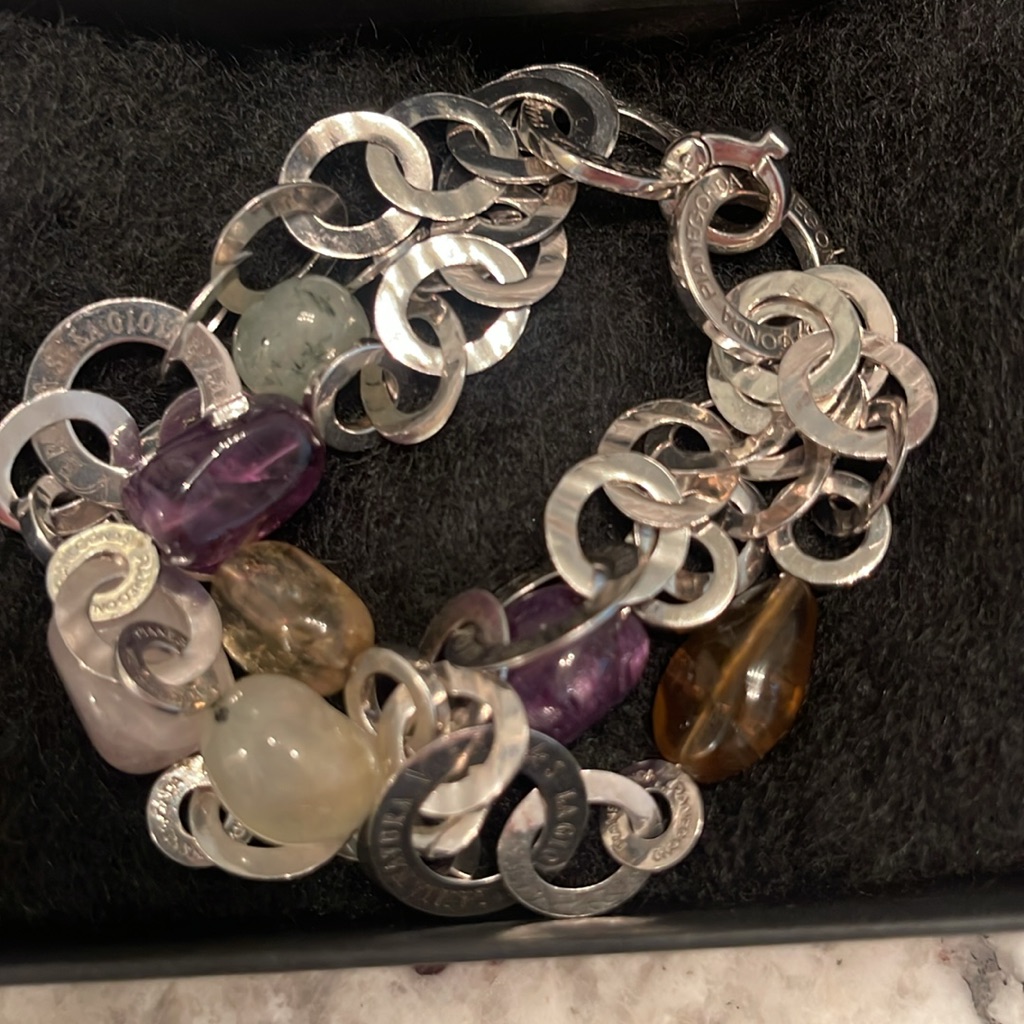 Pianegonda 925 Ss 3 String Bracelet W/Semi Precious Stones Italian 8” Beautiful